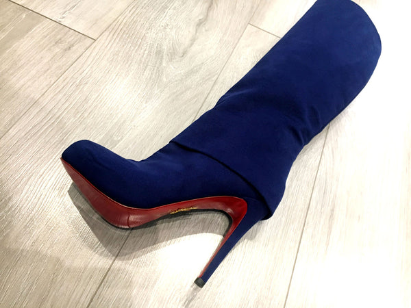 blue vegan boots, on wooden floor red sole, ethical luxury by designer Ivana Basilotta for No One’s Skin