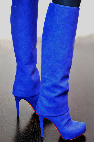  side view of blue vegan boots, luxury by designer Ivana Basilotta for No One’s Skin