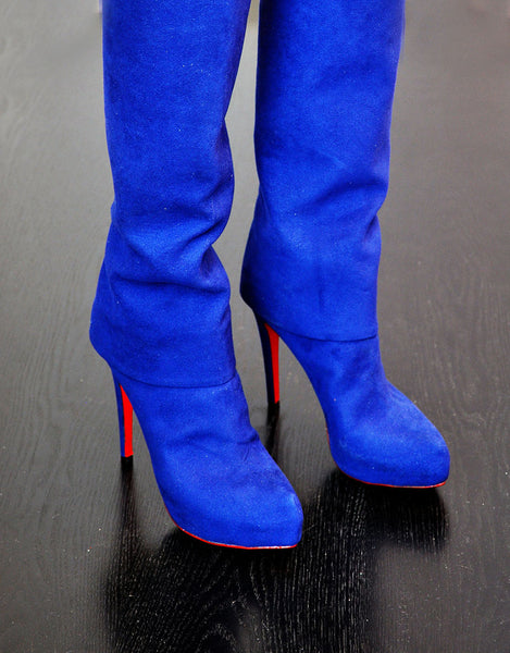  side view of blue vegan boots, luxury by designer Ivana Basilotta for No One’s Skin