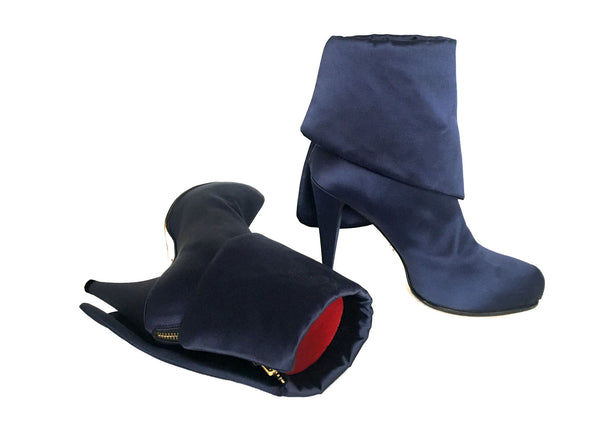 innovative blue satin vegan boots, luxury designs by Ivana Basilotta for No One’s Skin