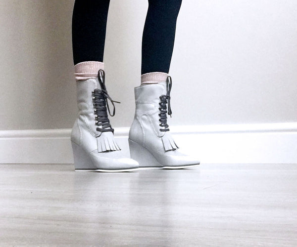 catwalk grey elegant ankle boots wedges by Ivana Basilotta for No One’s Skin