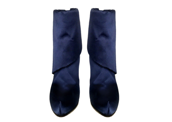 blue satin vegan boots, by designer Ivana Basilotta for No One’s Skin