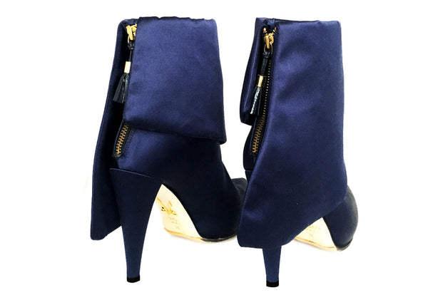 innovative blue satin vegan boots, luxury designs by Ivana Basilotta for No One’s Skin